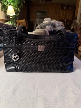 Brighton Black Woven Leather Tote Bag with Heart Charm
